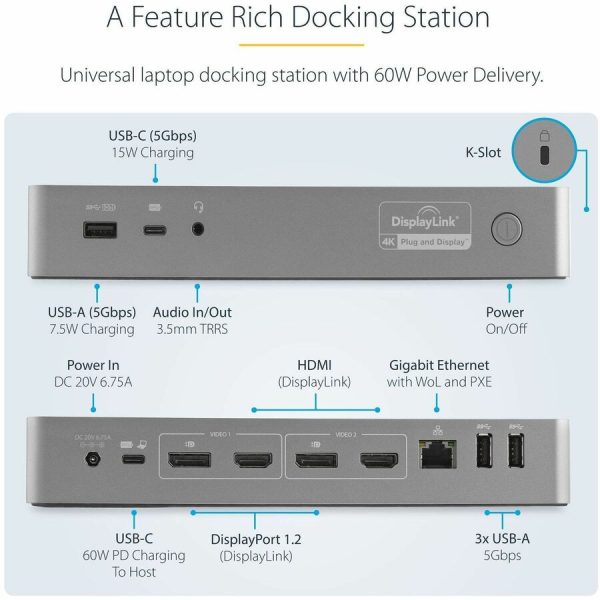 StarTech.com USB-C & USB-A Dock - Hybrid Universal Laptop Docking Station with Dual Monitor Display 4K 60Hz HDMI & DisplayPort - 60W PD - Image 3