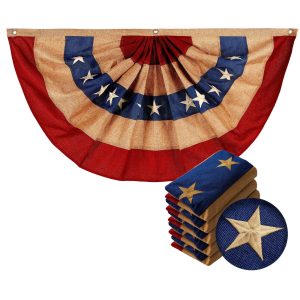 G128 - 5 Pack: USA Tea Stained Pleated Fan Flag 1.5x3FT Burlap Embroidered Polyester Stars and Stripes