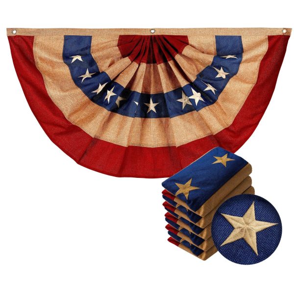 G128 - 5 Pack: USA Tea Stained Pleated Fan Flag 1.5x3FT Burlap Embroidered Polyester Stars and Stripes