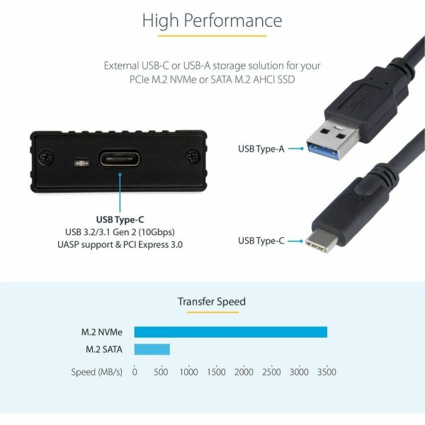 StarTech.com USB-C 10Gbps to M.2 NVMe or M.2 SATA SSD Enclosure, Portable M.2 PCIe/SATA SSD Aluminum Enclosure, USB-C & USB-A Host Cables - Image 2