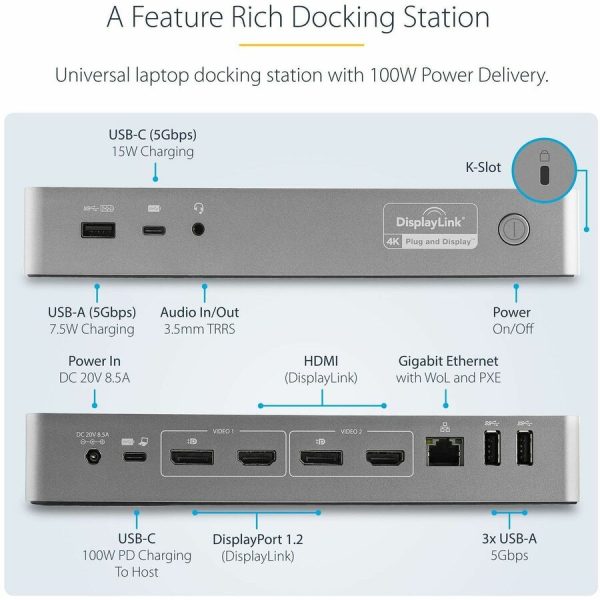 StarTech.com USB-C & USB-A Dock - Hybrid Universal Laptop Docking Station w/ 100W Power Delivery - Dual Monitor 4K 60Hz HDMI & DisplayPort - Image 3