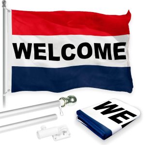 G128 Combo Pack: 6 Feet Tangle Free Spinning Flagpole (Silver) Welcome Flag 3x5 ft Printed 150D Brass Grommets (Flag Included) Aluminum Flag Pole