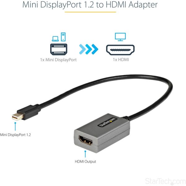 StarTech.com Mini DisplayPort to HDMI Adapter, mDP to HDMI Adapter Dongle, 1080p, Mini DP 1.2 to HDMI Video Converter, 12" Long Cable - Image 2