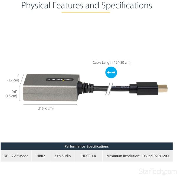 StarTech.com Mini DisplayPort to HDMI Adapter, mDP to HDMI Adapter Dongle, 1080p, Mini DP 1.2 to HDMI Video Converter, 12" Long Cable - Image 3