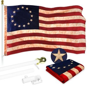 G128 Combo Pack: 6 Ft Tangle Free Aluminum Spinning Flagpole (White) & Betsy Ross Tea-Stained Flag 3x5 Ft, ToughWeave Pro Series Embroidered 420D Polyester | Pole with Flag Included