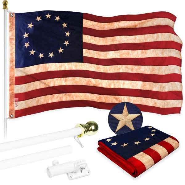 G128 Combo Pack: 6 Ft Tangle Free Aluminum Spinning Flagpole (White) & Betsy Ross Tea-Stained Flag 3x5 Ft, ToughWeave Pro Series Embroidered 420D Polyester | Pole with Flag Included