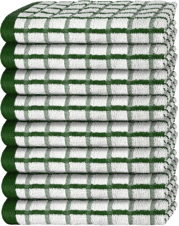 Premium Dish Towels for Kitchen with Hanging Loop [8 Pack] Heavy Duty Absorbent 100% Cotton 410 GSM Terry Kitchen Towels 16x26 (Green)