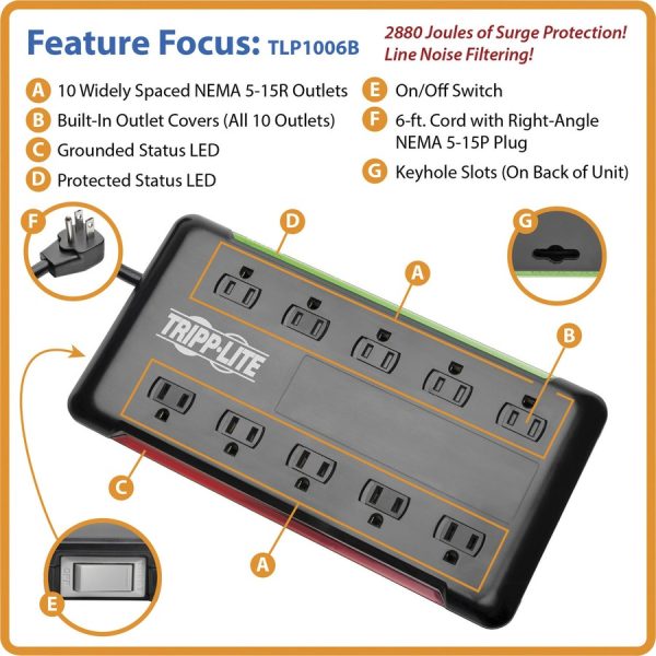 Eaton Tripp Lite Series Protect It! 10-Outlet Surge Protector, 6 ft. Cord, 2880 Joules, Black Housing - Image 2