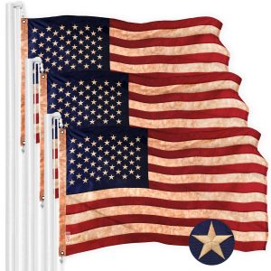 G128 3 Pack: American USA Tea-Stained Flag | 6x10 Ft | ToughWeave Pro Series Embroidered 420D Polyester | Embroidered Stars