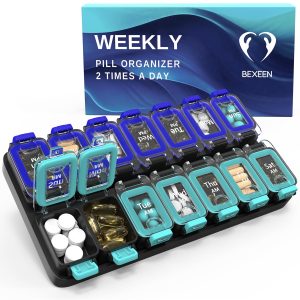 Weekly Pill Organizer 2 Times A Day   Airtight Pill Box 7 Day   Am Pm Vitamin Case Extra Large Medicine Container Two Week Supplement Holder Daily Medication Storage XL Med Sorter Green Blue