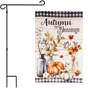 G128 Combo Pack: Garden Flag Stand Black 36 in x 16 in & Garden Flag Fall Decoration Autumn Blessings Pumpkins and Flower Vases 12"x18" Double-Sided Blockout Fabric