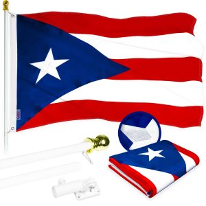 G128 Combo Pack: 5 Ft Tangle Free Aluminum Spinning Flagpole (White) & Puerto Rico Puerto Rican Flag 2x3 Ft, ToughWeave Series Embroidered 300D Polyester | Pole with Flag Included