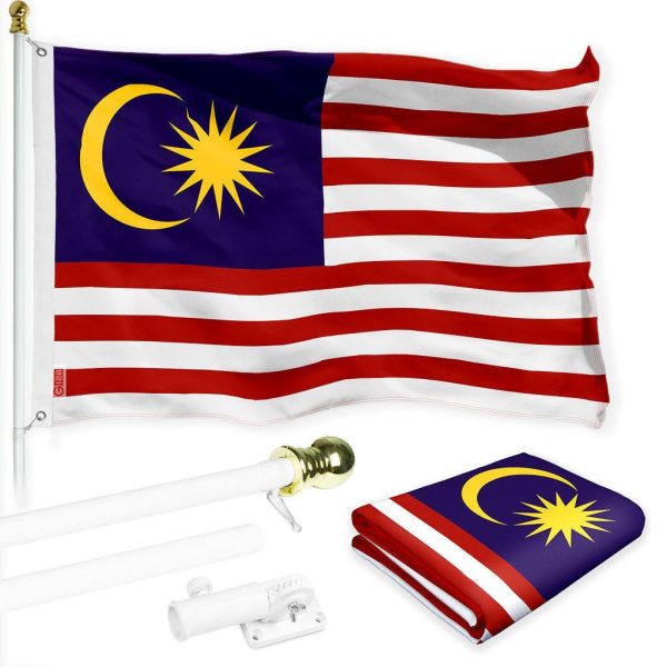 G128 Combo Pack: 6 Ft Tangle Free Spinning Flagpole (White) & Malaysia Flag 3x5 Ft Printed 150D Polyester, Brass Grommets (Flag Included) Aluminum Flag Pole