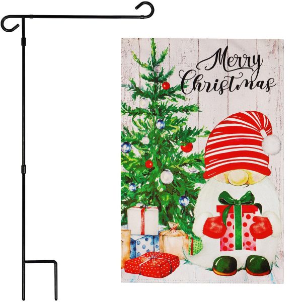 G128 Combo Pack: Garden Flag Stand Black 36 in x 16 in & Garden Flag Merry Christmas Decoration Santa Gnome with Present 12"x18" Double Sided Blockout Fabric