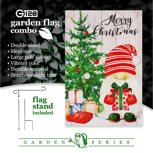 G128 Combo Pack: Garden Flag Stand Black 36 in x 16 in & Garden Flag Merry Christmas Decoration Santa Gnome with Present 12"x18" Double Sided Blockout Fabric - Image 7