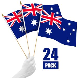 G128 24 Pack Handheld Australia Australian Stick Flags | 12x18 In | Printed 150D Polyester, Country Flag, Solid Wooden Stick, Spear Gold Tip