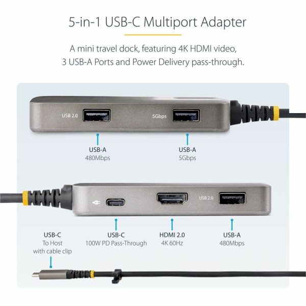 StarTech.com USB-C Multiport Adapter, 4K 60Hz HDMI, 3-Port USB Hub, 100W Power Delivery Pass-Through, Mini Dock, Windows/macOS/ChromeOS - Image 3