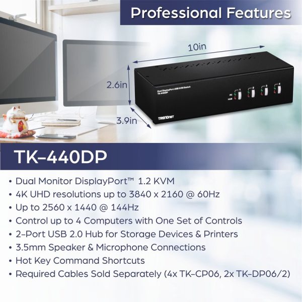 TRENDnet 4-Port Dual Monitor DisplayPort KVM Switch With Audio, 2-Port USB 2.0 Hub, 4K UHD Resolution Up To 3840 x 2160, Connect 4 DisplayPort Monitors, Dual Monitor 4 Port KVM Switch, Black, TK-440DP - Image 8