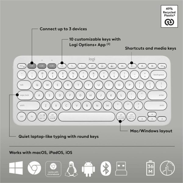 Logitech Pebble 2 Combo, Wireless Keyboard and Mouse, Quiet and Portable, Customizable, Logi Bolt, Bluetooth, Tonal White - Image 6