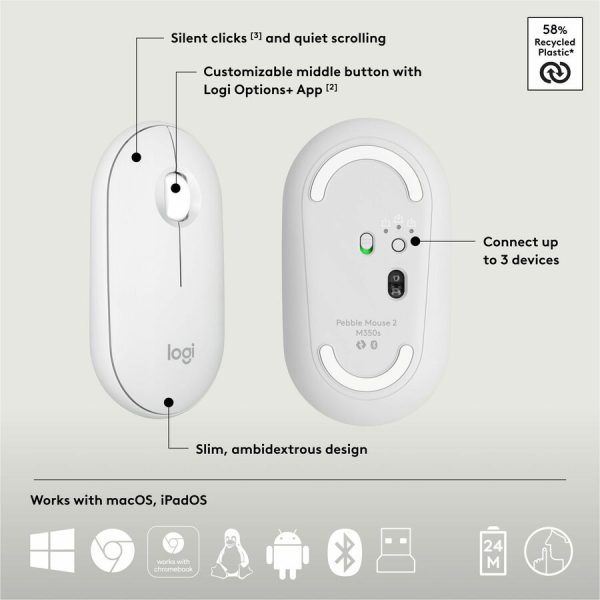 Logitech Pebble 2 Combo, Wireless Keyboard and Mouse, Quiet and Portable, Customizable, Logi Bolt, Bluetooth, Tonal White - Image 7