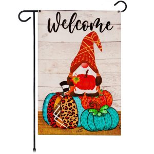 G128 Garden Flag Welcome Gnome Sitting on Patterned Pumpkins 12"x18" Blockout Fabric