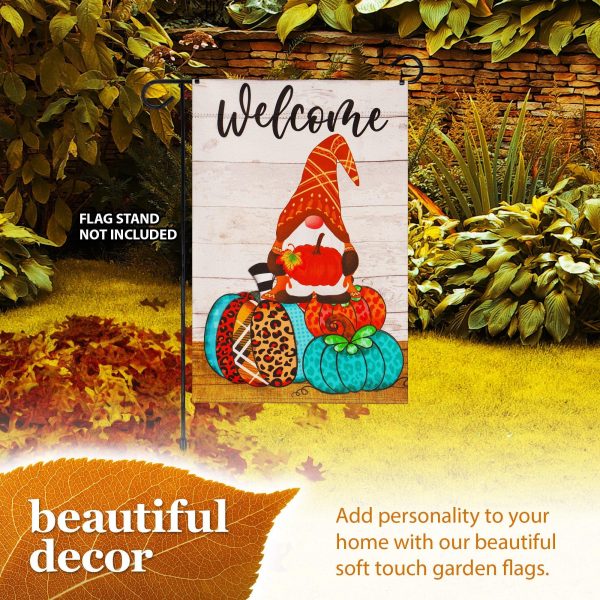 G128 Garden Flag Welcome Gnome Sitting on Patterned Pumpkins 12"x18" Blockout Fabric - Image 8