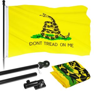 G128 - 6 Feet Tangle Free Spinning Flagpole (Black) Gadsden Flag Brass Grommets Embroidered 3x5 ft (Flag Included) Aluminum Flag Pole