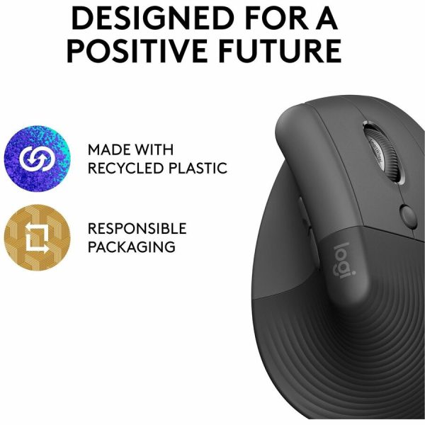 Logitech Lift Vertical Ergonomic Mouse, Wireless, Bluetooth or Logi Bolt USB receiver, Quiet clicks, 4 buttons, Graphite - Image 4
