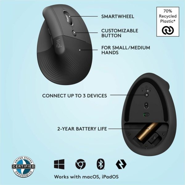 Logitech Lift Vertical Ergonomic Mouse, Wireless, Bluetooth or Logi Bolt USB receiver, Quiet clicks, 4 buttons, Graphite - Image 5