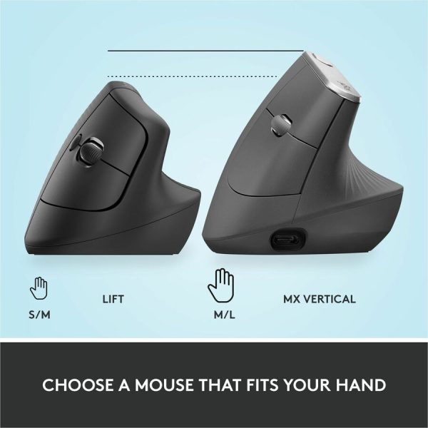 Logitech Lift Vertical Ergonomic Mouse, Wireless, Bluetooth or Logi Bolt USB receiver, Quiet clicks, 4 buttons, Graphite - Image 9