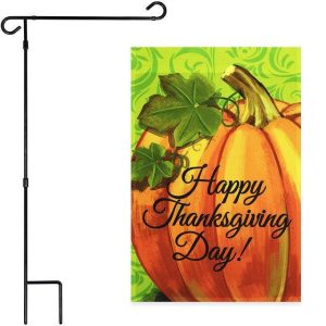 G128 Combo Pack: Garden Flag Stand Black 36x16 Inch & Garden Flag Happy Thanksgiving Pumpkin 12x18 Inch