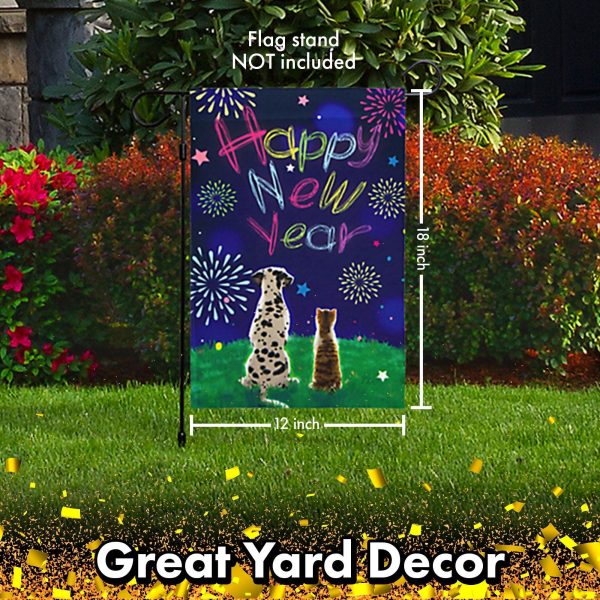 G128 - Happy New Year Garden Flag, New Year Themed Decorations - Dog and Cat Watching Fireworks,  | 12x18 Inch | Printed 150D Polyester - Rustic Holiday Seasonal Outdoor Flag - Image 6