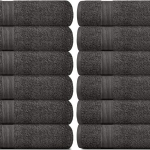 Resort Collection Soft Washcloth Face & Body Towel Set | 12x12 Luxury Hotel Plush & Absorbent Cotton Washclothes [12 Pack Charcoal]