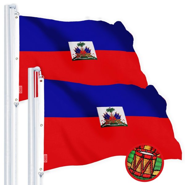 G128 2 Pack: Haiti Haitian Flag | 6x10 Ft | StormFlyer Series Embroidered 220GSM Spun Polyester | Country Flag, Embroidered Design, Indoor/Outdoor, Brass Grommets, Heavy Duty, All Weather