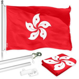 G128 Combo Pack: 6 Ft Tangle Free Spinning Flagpole (Silver) & Hong Kong Flag 3x5 Ft Printed 150D Polyester, Brass Grommets (Flag Included) Aluminum Flag Pole