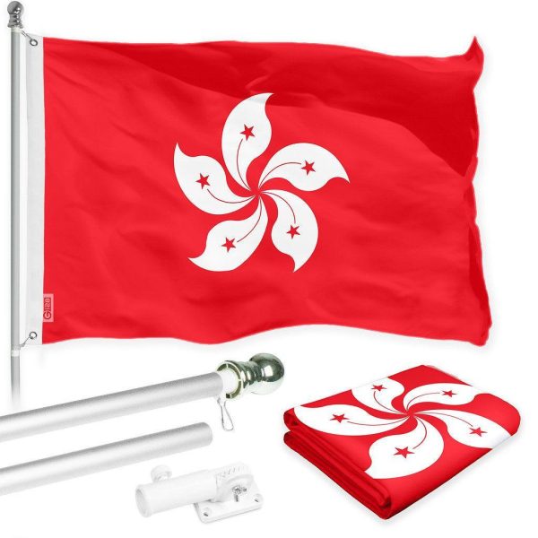 G128 Combo Pack: 6 Ft Tangle Free Spinning Flagpole (Silver) & Hong Kong Flag 3x5 Ft Printed 150D Polyester, Brass Grommets (Flag Included) Aluminum Flag Pole