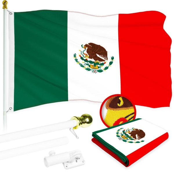 G128 Combo Pack: 5 Ft Tangle Free Aluminum Spinning Flagpole (White) & Mexico Mexican Flag 2x3 Ft, ToughWeave Series Embroidered 300D Polyester | Pole with Flag Included