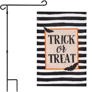 G128 Combo Pack: Garden Flag Stand Black 36 in x 16 in & Garden Flag Halloween Decoration Trick or Treat Bats and Black and White Stripes 12"x18" Double-Sided Burlap Fabric