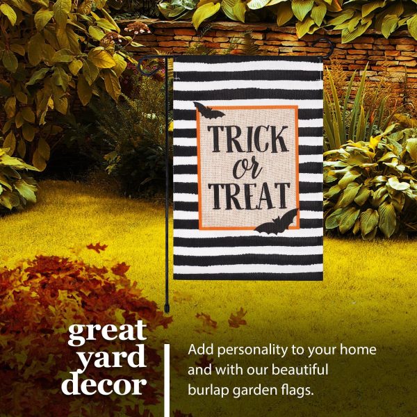 G128 Combo Pack: Garden Flag Stand Black 36 in x 16 in & Garden Flag Halloween Decoration Trick or Treat Bats and Black and White Stripes 12"x18" Double-Sided Burlap Fabric - Image 6