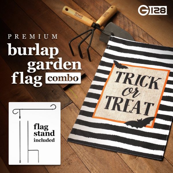 G128 Combo Pack: Garden Flag Stand Black 36 in x 16 in & Garden Flag Halloween Decoration Trick or Treat Bats and Black and White Stripes 12"x18" Double-Sided Burlap Fabric - Image 7