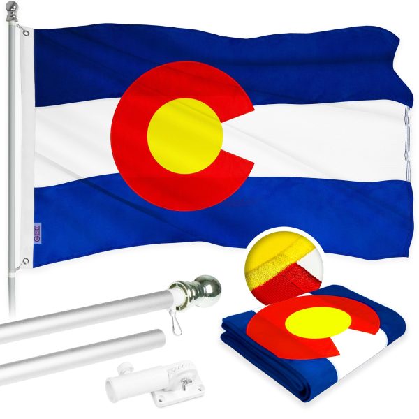 G128 Combo Pack: 5 Ft Tangle Free Aluminum Spinning Flagpole (Silver) & Colorado CO State Flag 2x3 Ft, ToughWeave Series Embroidered 300D Polyester | Pole with Flag Included
