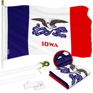 G128 Combo Pack: 6 Ft Tangle Free Aluminum Spinning Flagpole (White) & Iowa IA Deluxe State Flag 3x5 Ft, ToughWeave Series Embroidered 300D Polyester | Pole with Flag Included
