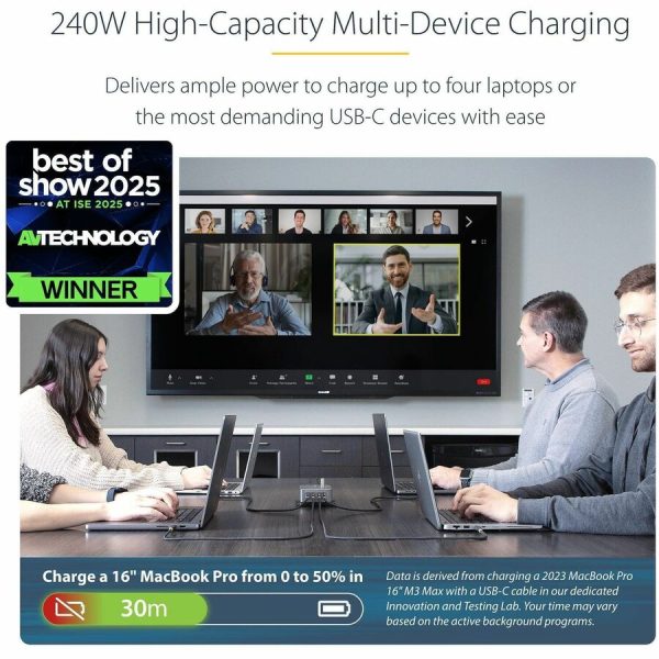 StarTech.com 4-Port Multi-Device USB-C Charger, 240W Total, Single Port 140W EPR, Screw Locking Ports, Ideal for Boardrooms - Image 2