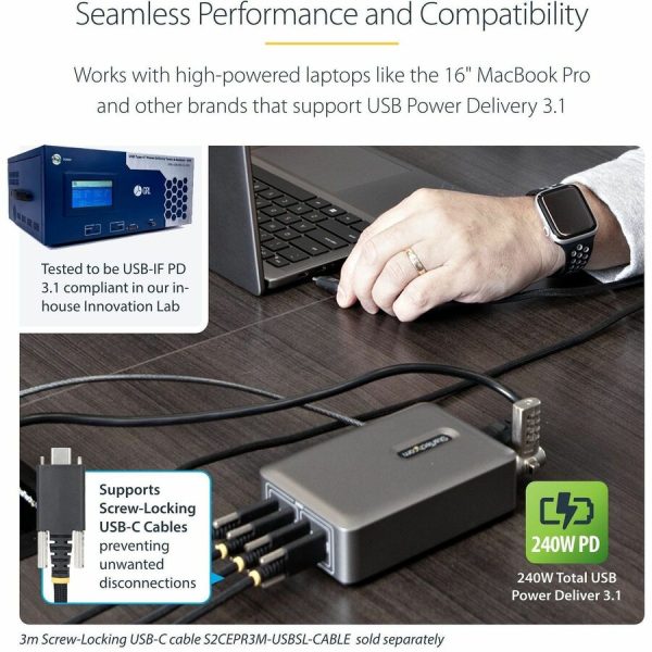 StarTech.com 4-Port Multi-Device USB-C Charger, 240W Total, Single Port 140W EPR, Screw Locking Ports, Ideal for Boardrooms - Image 3