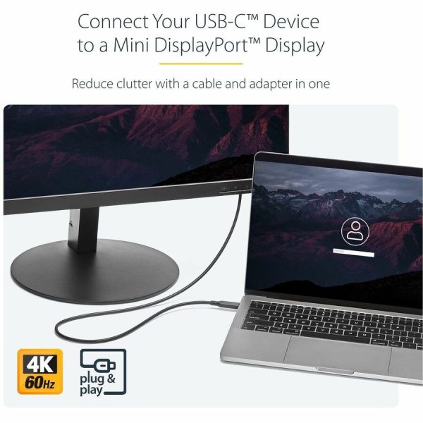 StarTech.com 6 ft. / 1.8 m USB-C to Mini DisplayPort Cable - 4K 60Hz - Black - USB 3.1 Type-C to Mini DP Adapter Cable - mDP Cable - Image 2