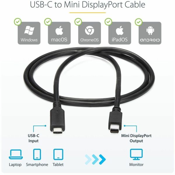 StarTech.com 6 ft. / 1.8 m USB-C to Mini DisplayPort Cable - 4K 60Hz - Black - USB 3.1 Type-C to Mini DP Adapter Cable - mDP Cable - Image 3