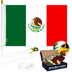 G128 - 5 Feet Tangle Free Spinning Flagpole (White) Mexico Flag Double Sided Brass Grommets Embroidered 2x3 ft (Flag Included) Aluminum Flag Pole