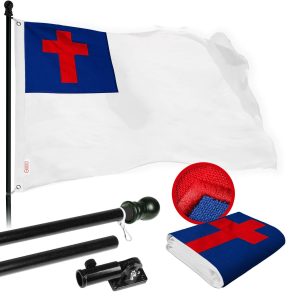 G128 Combo Pack: 5 Ft Tangle Free Spinning Flagpole (Black) & Christian Flag 2.5x4 Ft Embroidered 220GSM Spun Polyester, Brass Grommets (Flag Included) Aluminum Flag Pole