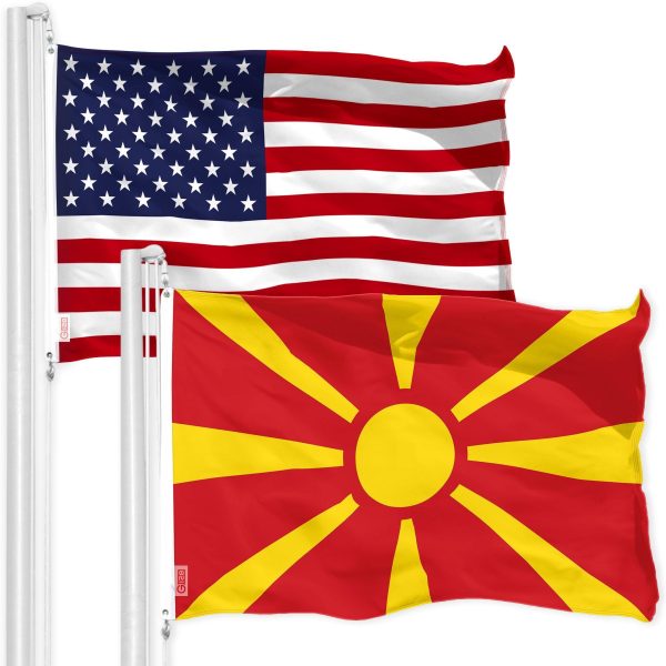 G128 Combo Pack: American USA Flag 3x5 Ft & Macedonia Flag 3x5 Ft, Both Printed 150D Polyester, Indoor/Outdoor, Brass Grommets