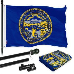 G128 Combo Pack: 6 Ft Tangle Free Spinning Flagpole (Black) & Nebraska Flag 3x5 Ft Printed 150D Polyester, Brass Grommets (Flag Included) Aluminum Flag Pole
